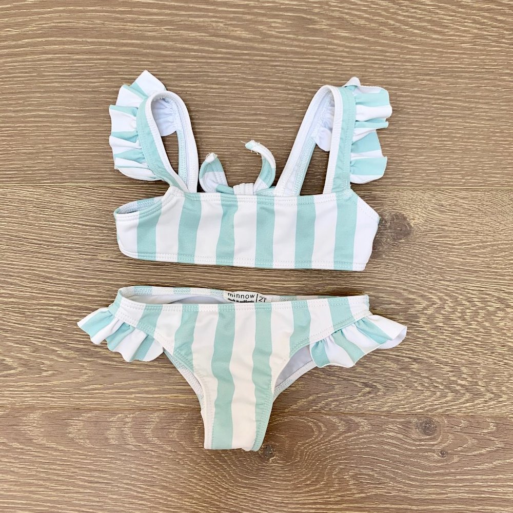 Minnow Swim Girls Seafoam Stripe Tie Back Bikini